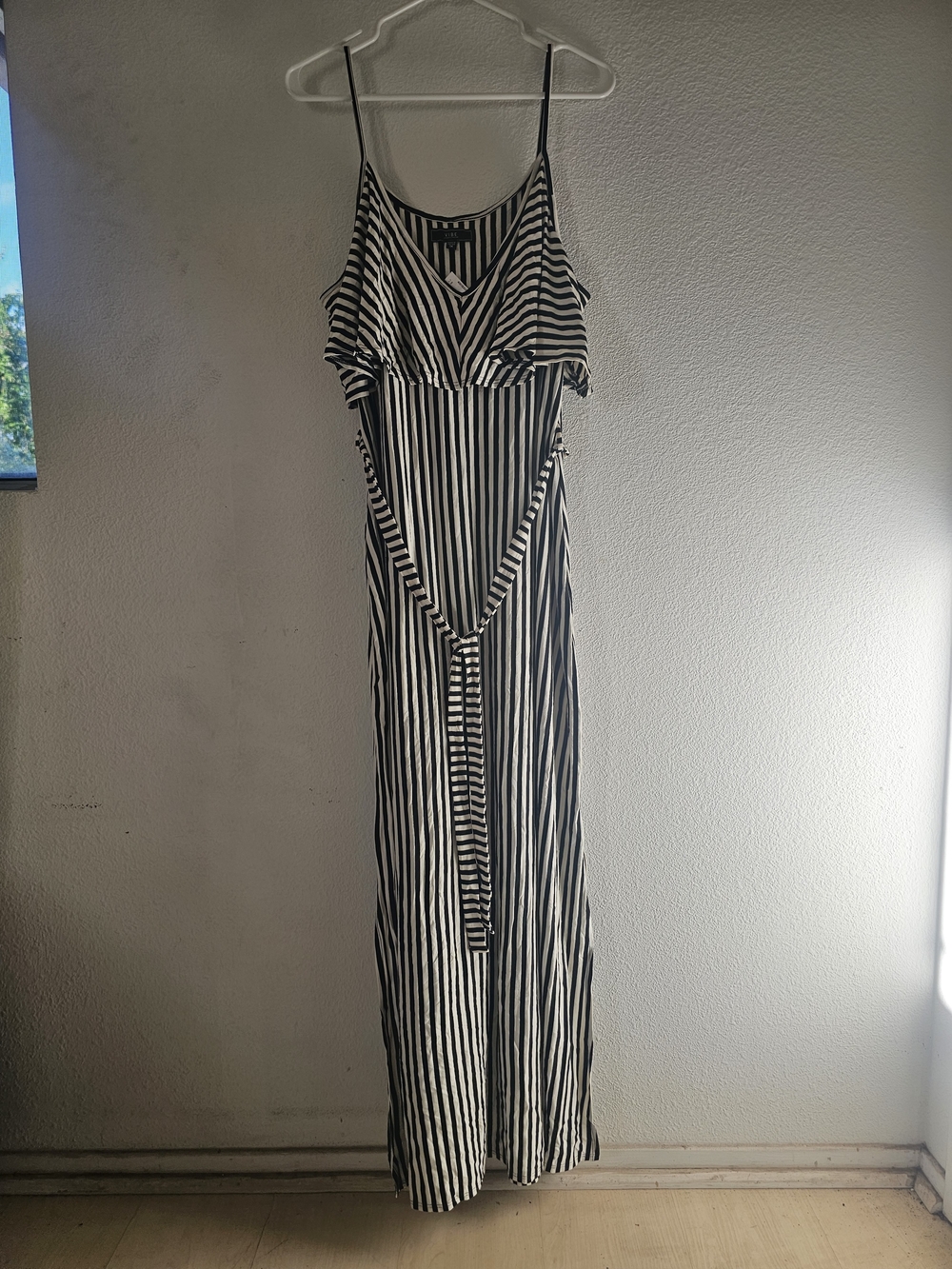 Vibe Black and White Striped Maxi Dress with Tie Waist